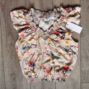 Floral Ruffle Blouse V-Neck Smock Waist Ruffle Boho Cottage Summer Feminine